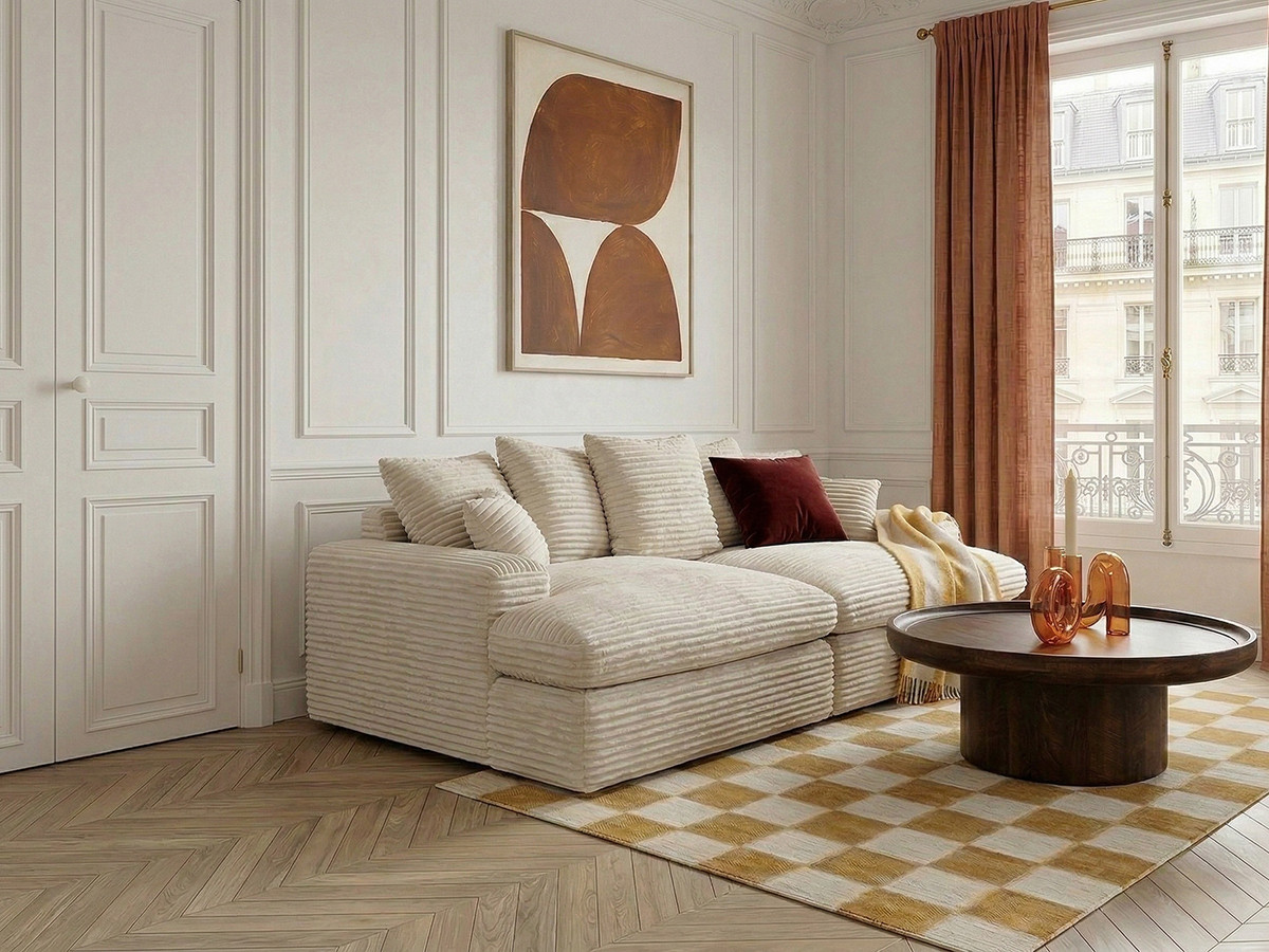 Bobochic Nevada Sofa 3-Sitzer 226 × 150 cm Breitcord weich Beige