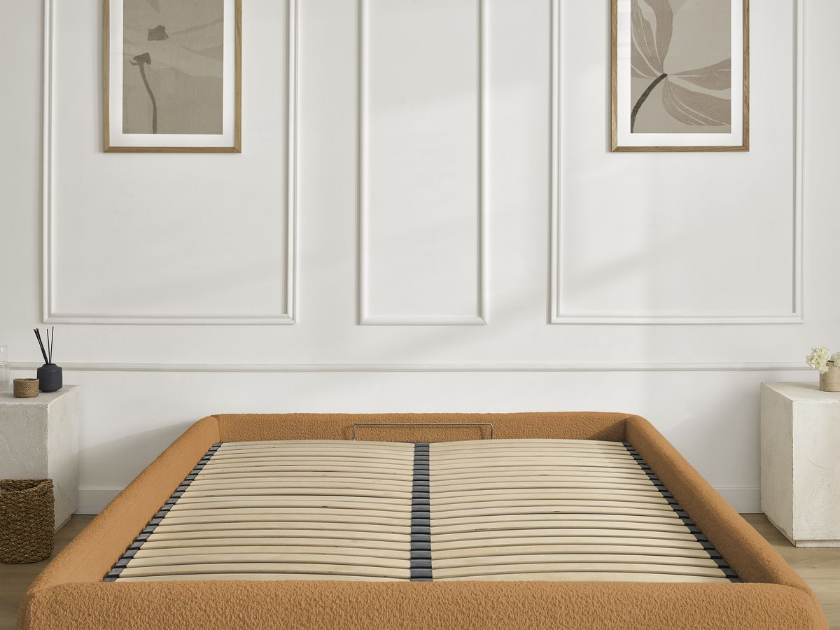 Bobochic Inera Bettgestell mit Bettkasten, ohne Kopfteil Bouclé-Stoff Gelb, Liegefläche 160 × 200 cm