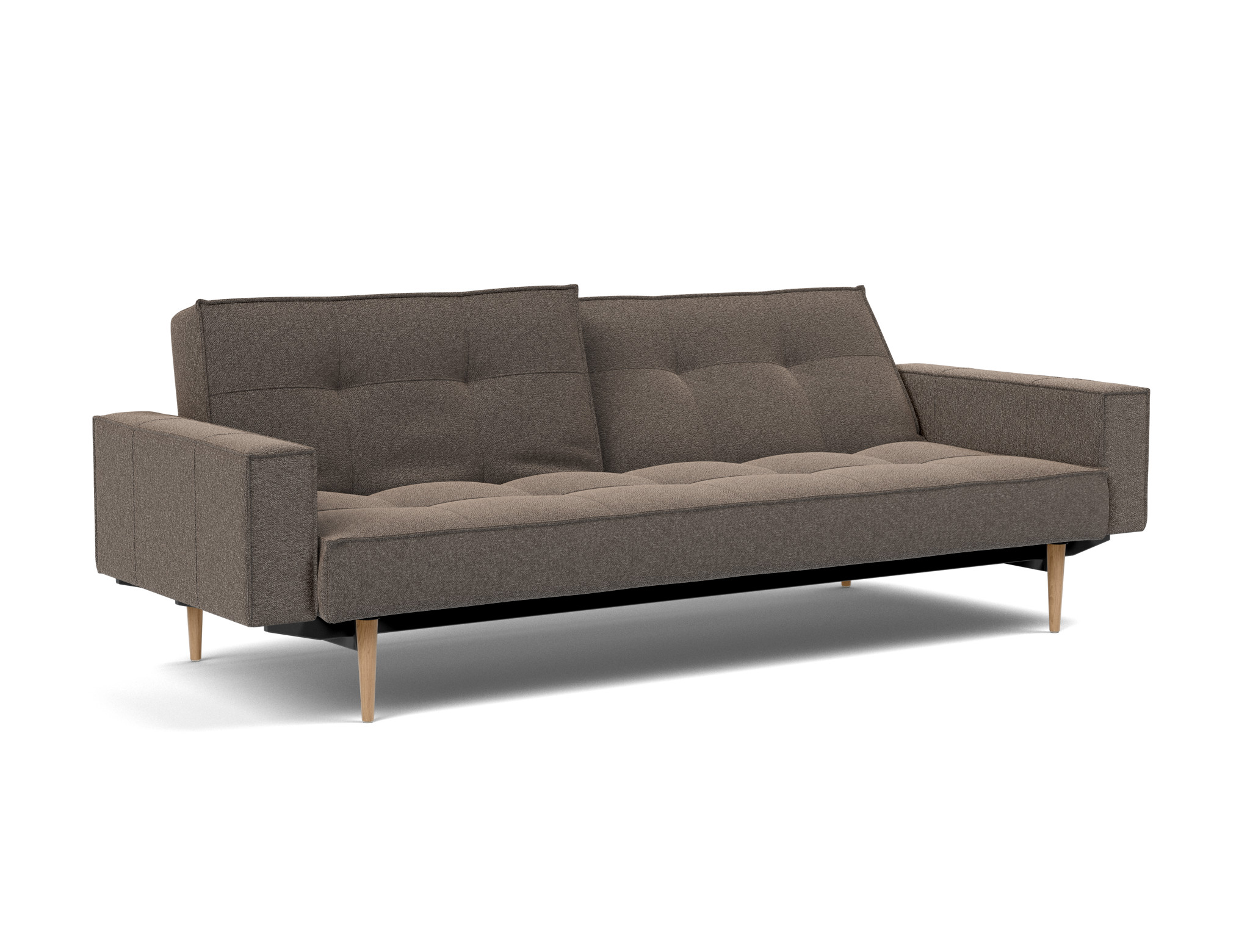 Schlafsofa Splitback mit Armlehnen Boucle Skandi 530-Taupe Beine Styletto Eiche hell