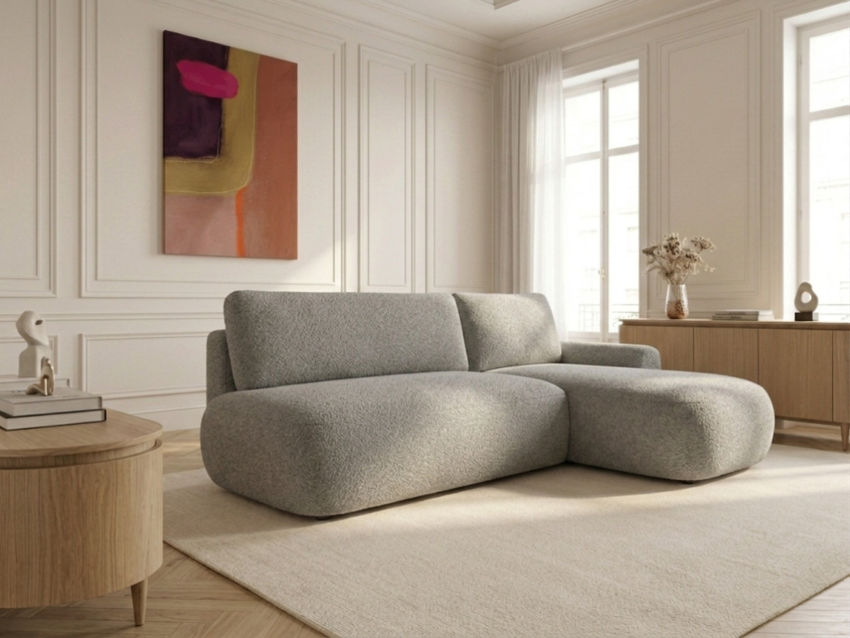Bobochic Tango Ecksofa mit Schlaffunktion und Bettkasten Bouclé-Stoff Grau Ecke rechts