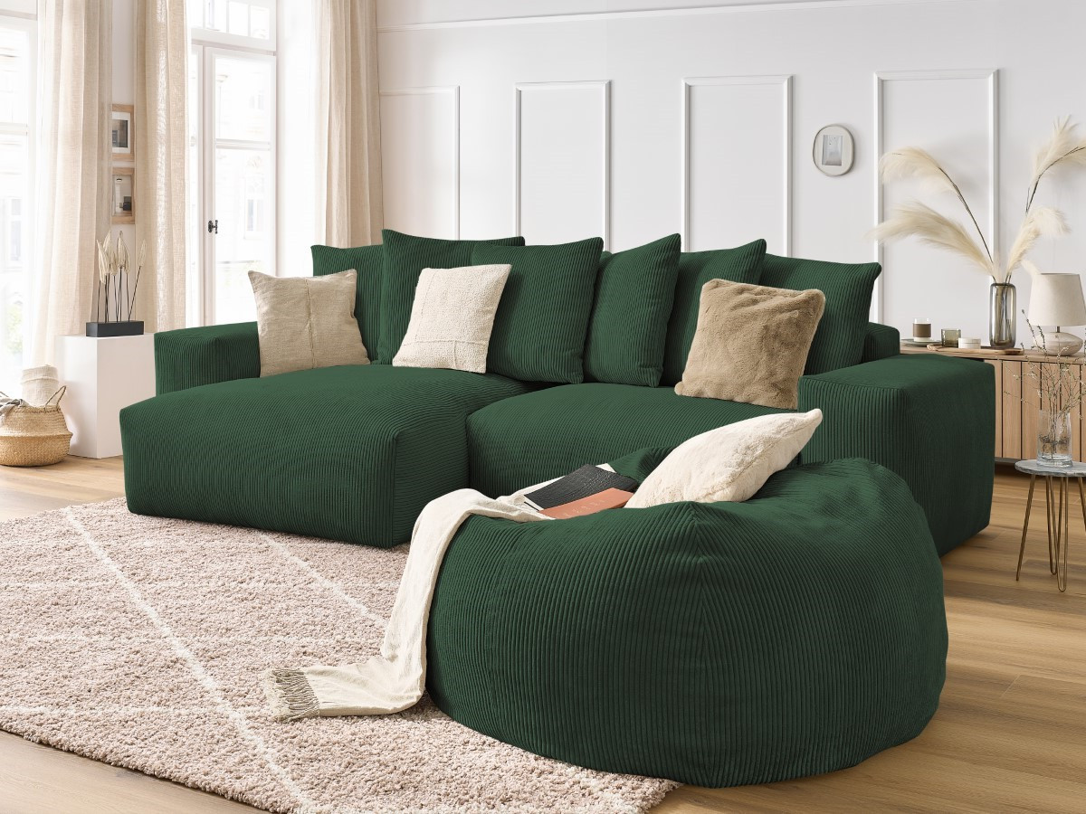 Bobochic Voltaire Ecksofa mit Pouf 310 × 174 cm Cordsamt Grün
