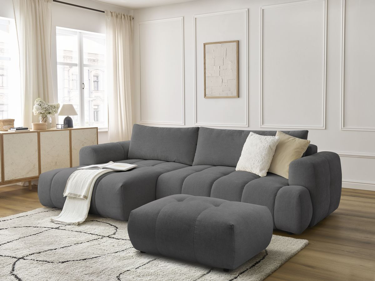 Bobochic Fuji Ecksofa mit Schlaffunktion und Bettkasten und Pouf 292 × 160 cm Stoff Dunkelgrau Ecke links