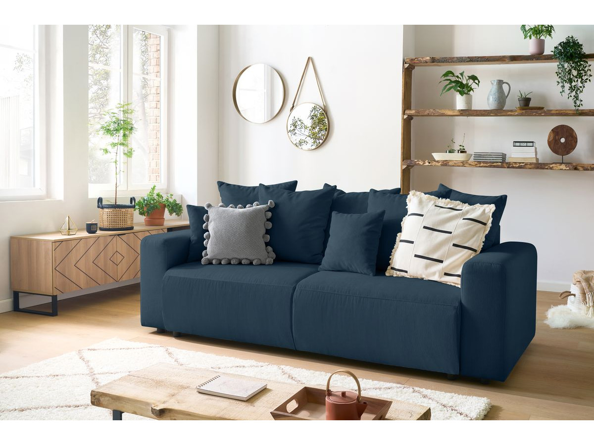 Bobochic Envy Schlafsofa 3-Sitzer mit Bettkasten und Pouf Cordsamt Dunkelblau