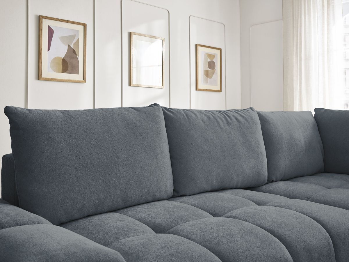 Bobochic Everest Ecksofa mit Schlaffunktion und Bettkasten 320 × 212 cm, 5 Kissen Strukturstoff Dunkelblau Ecke rechts