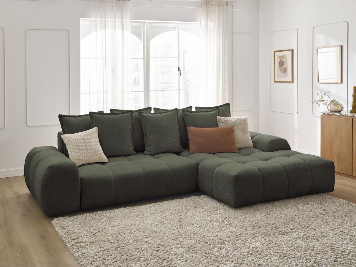 Bobochic Everest Ecksofa mit Schlaffunktion und Bettkasten 318 × 180 cm, 7 Kissen Melange-Stoff Grün Ecke rechts