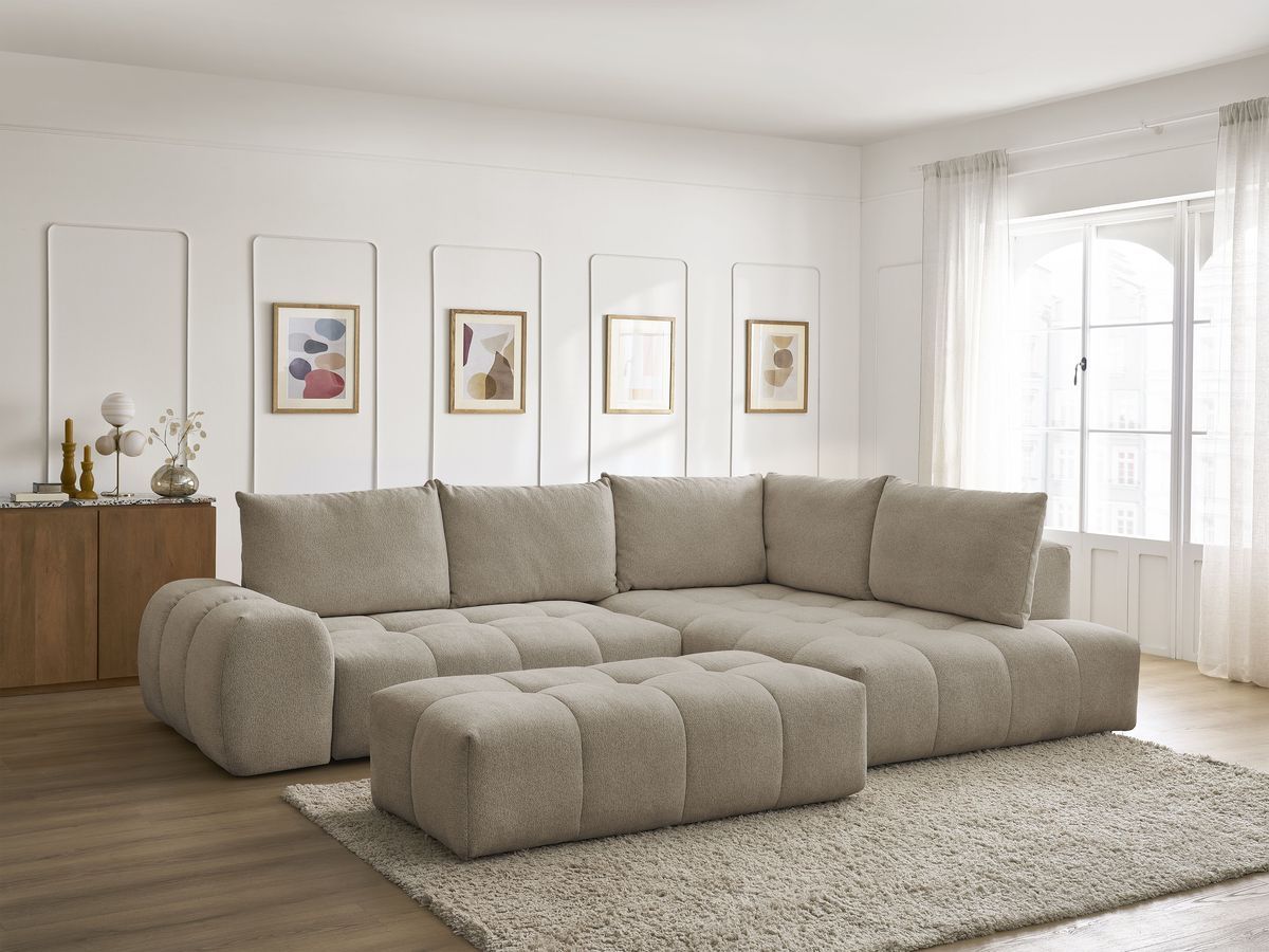 Bobochic Everest Ecksofa mit Schlaffunktion und Bettkasten und Pouf 320 × 212 cm, 5 Kissen Melange-Stoff Taupe Ecke rechts