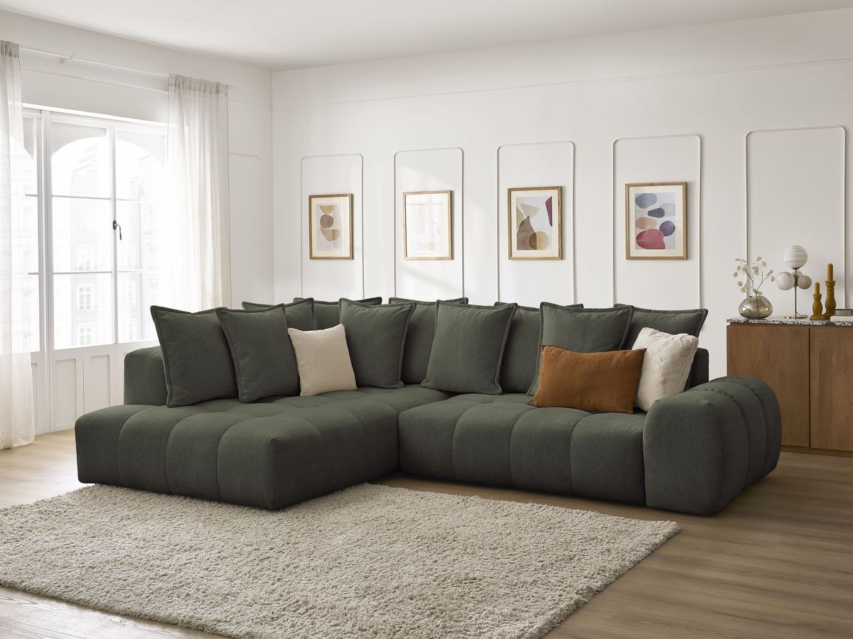 Bobochic Everest Ecksofa mit Schlaffunktion und Bettkasten 320 × 212 cm, 10 Kissen Melange-Stoff Grün Ecke links