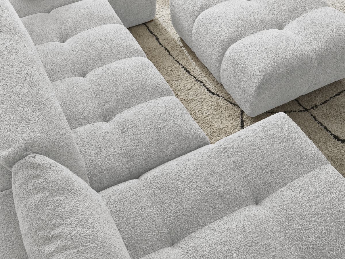 Bobochic Anakin Wohnlandschaft mit Pouf, 3 Kissen Bouclé-Stoff Hellgrau