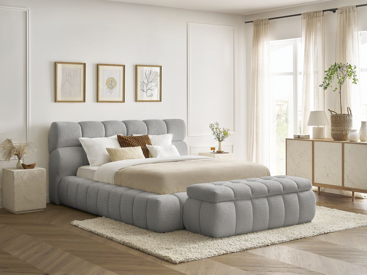 Bobochic Mont-blanc Polsterbett mit Bettkasten mit Bettbank Bouclé-Stoff Hellgrau, Liegefläche 180 × 200 cm