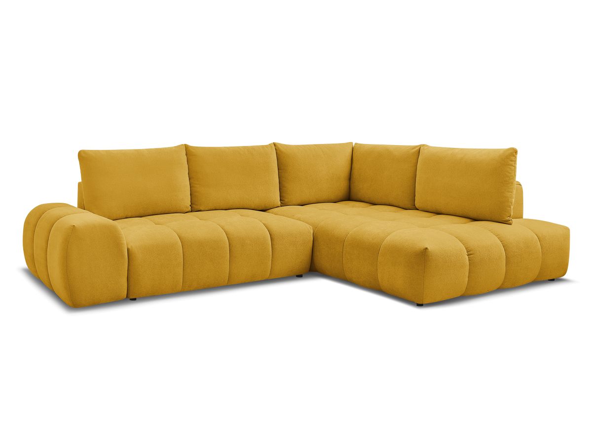 Bobochic Everest Ecksofa mit Schlaffunktion und Bettkasten 320 × 212 cm, 5 Kissen Strukturstoff Gelb Ecke rechts