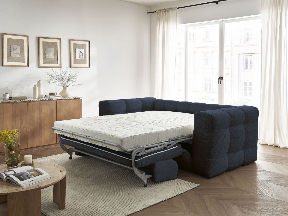 Bobochic Cloud Schlafsofa 3-Sitzer Bouclé-Stoff Dunkelblau