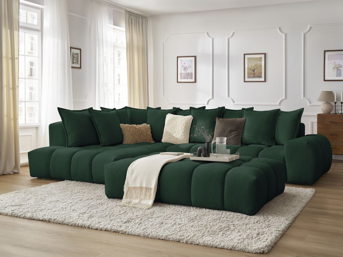 Bobochic Everest Ecksofa mit Schlaffunktion und Pouf, 10 Kissen Strukturstoff Grün Ecke links