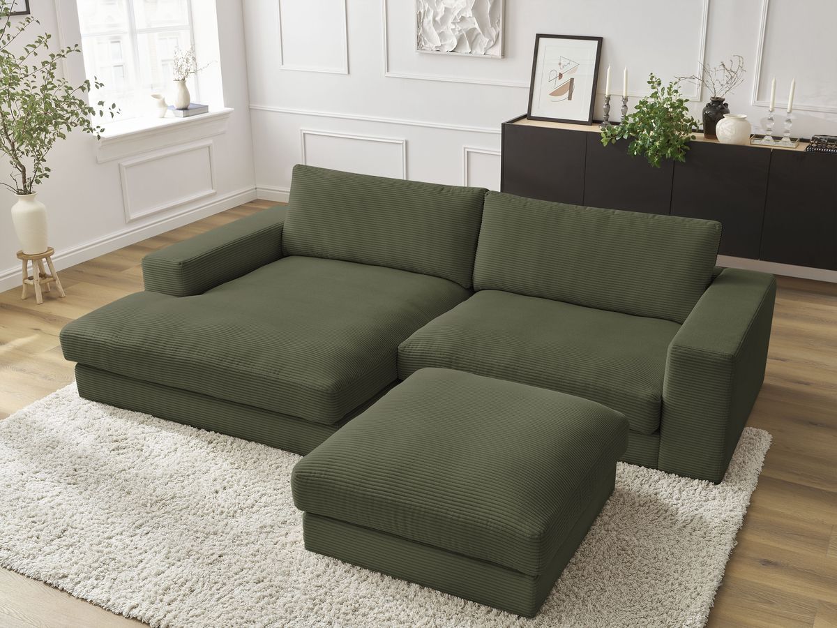 Bobochic Leonard Ecksofa mit Pouf 274 × 159 cm Cordsamt Hellgrün Ecke links