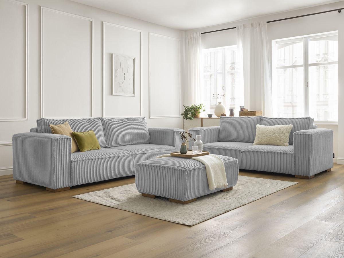 Bobochic Chelsea Sofa 6-Sitzer mit Pouf Breitcord weich Hellgrau