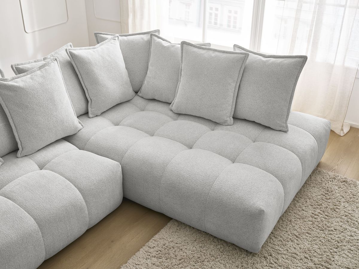 Bobochic Everest Ecksofa mit Schlaffunktion und Bettkasten 320 × 212 cm, 10 Kissen Melange-Stoff Hellgrau Ecke rechts