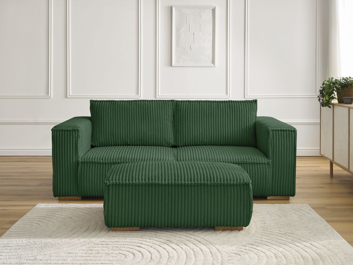 Bobochic Chelsea Sofa 3-Sitzer mit Pouf Breitcord weich Grün