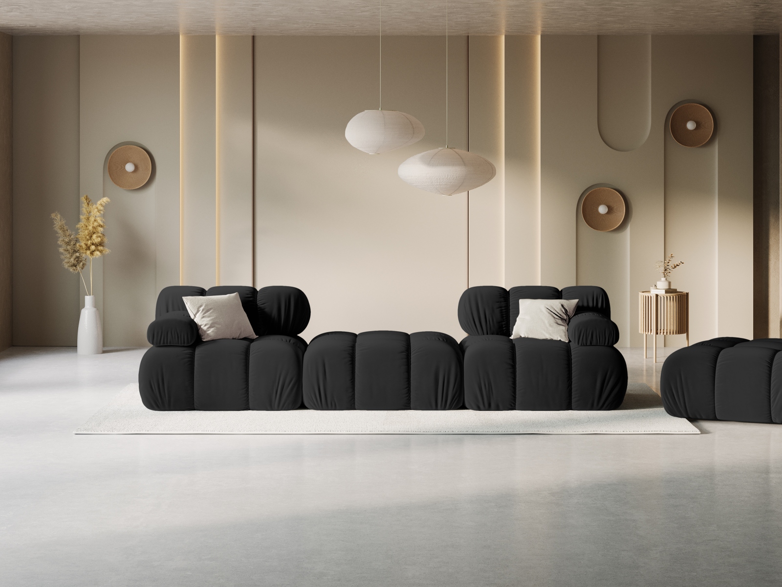 Micadoni Modulares Sofa Bellis 3-Sitzer mit flachem Modul Samt Bluvel Schwarz