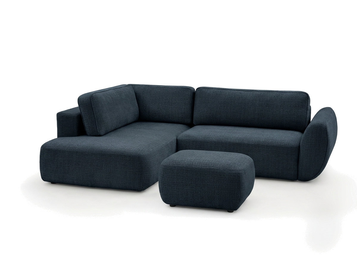 Bobochic Denise Ecksofa mit Schlaffunktion und Bettkasten und Pouf 256 × 197 cm Strukturstoff Dunkelblau Ecke links