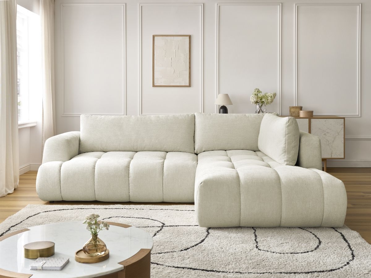 Bobochic Fuji Ecksofa mit Schlaffunktion und Bettkasten 282 × 204 cm Stoff Beige Ecke rechts