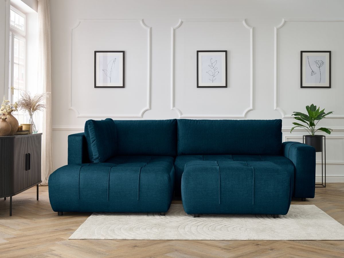 Bobochic Arsene Ecksofa mit Schlaffunktion und Bettkasten und Pouf 277 × 200 cm Samt Blau Ecke links