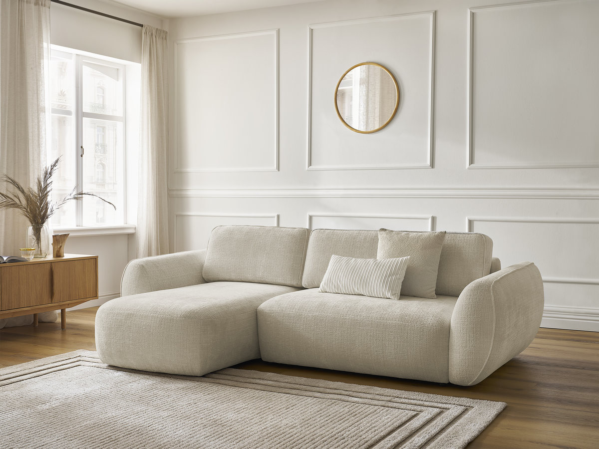 Bobochic Denise Ecksofa mit Schlaffunktion und Bettkasten 258 × 160 cm Strukturstoff Beige Ecke links