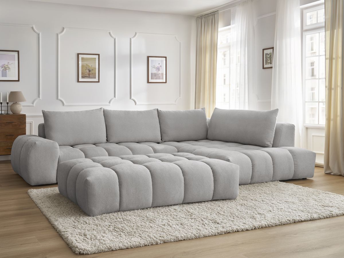 Bobochic Everest Ecksofa mit Schlaffunktion und Pouf, 4 Kissen Strukturstoff Hellgrau Ecke rechts