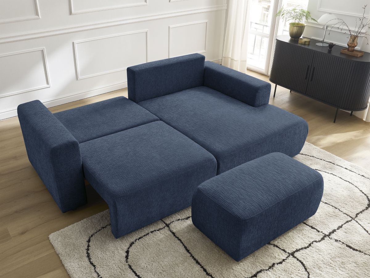 Bobochic Atilla Ecksofa mit Schlaffunktion und Bettkasten und Pouf Strukturstoff Dunkelblau Ecke rechts