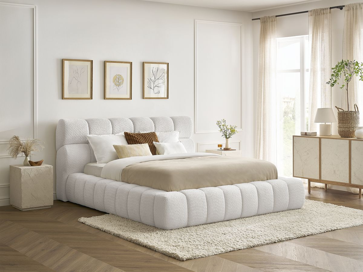 Bobochic Mont-blanc Polsterbett mit Bettkasten Bouclé-Stoff Weiß, Liegefläche 160 × 200 cm