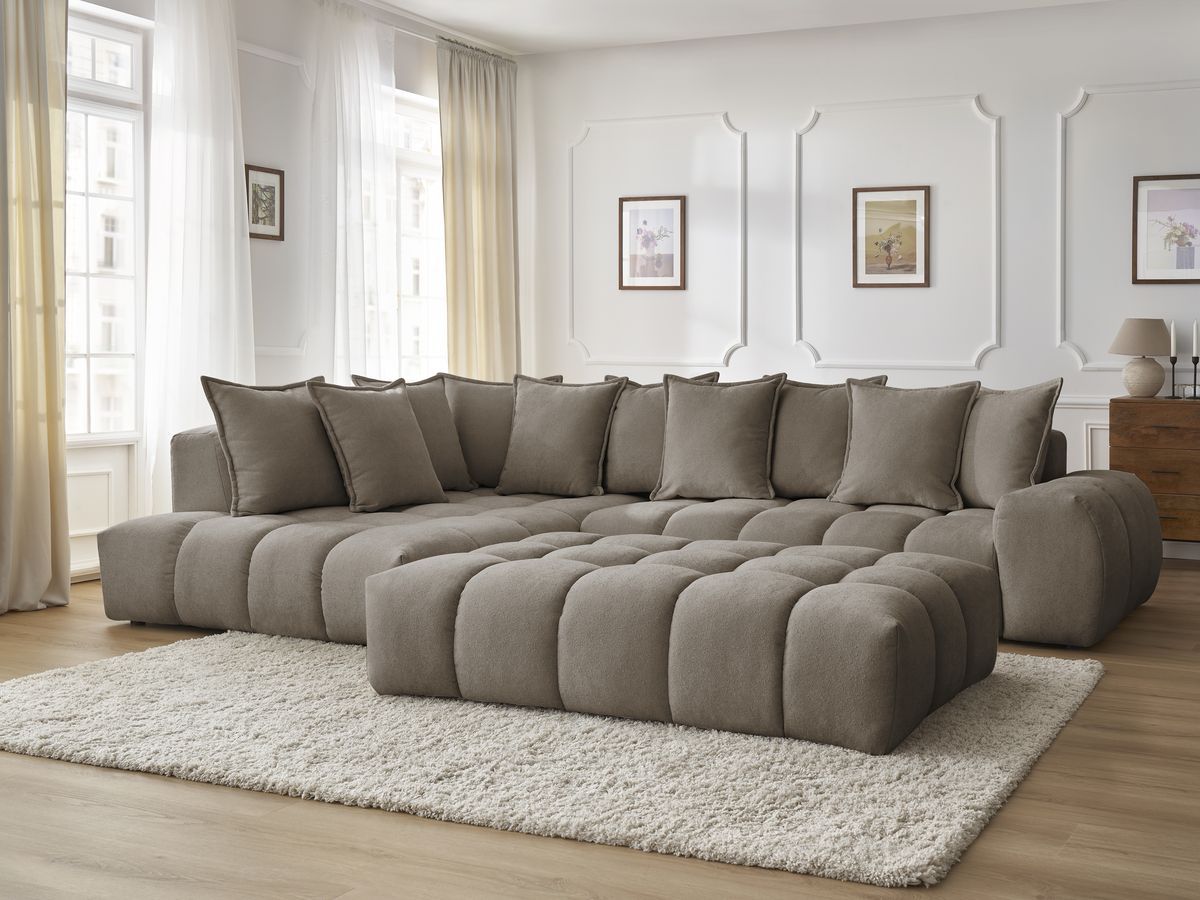 Bobochic Everest Ecksofa mit Schlaffunktion und Pouf, 10 Kissen Strukturstoff Taupe Ecke links