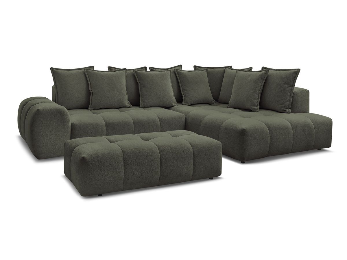 Bobochic Everest Ecksofa mit Schlaffunktion und Bettkasten und Pouf 320 × 212 cm, 10 Kissen Melange-Stoff Grün Ecke rechts