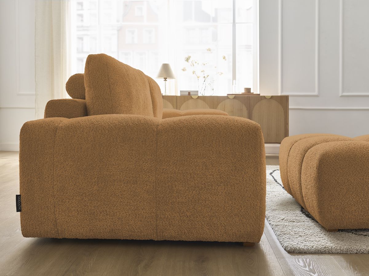 Bobochic Anakin Schlafsofa 3-Sitzer mit Bettkasten und Pouf, 2 Kissen Bouclé-Stoff Gelb