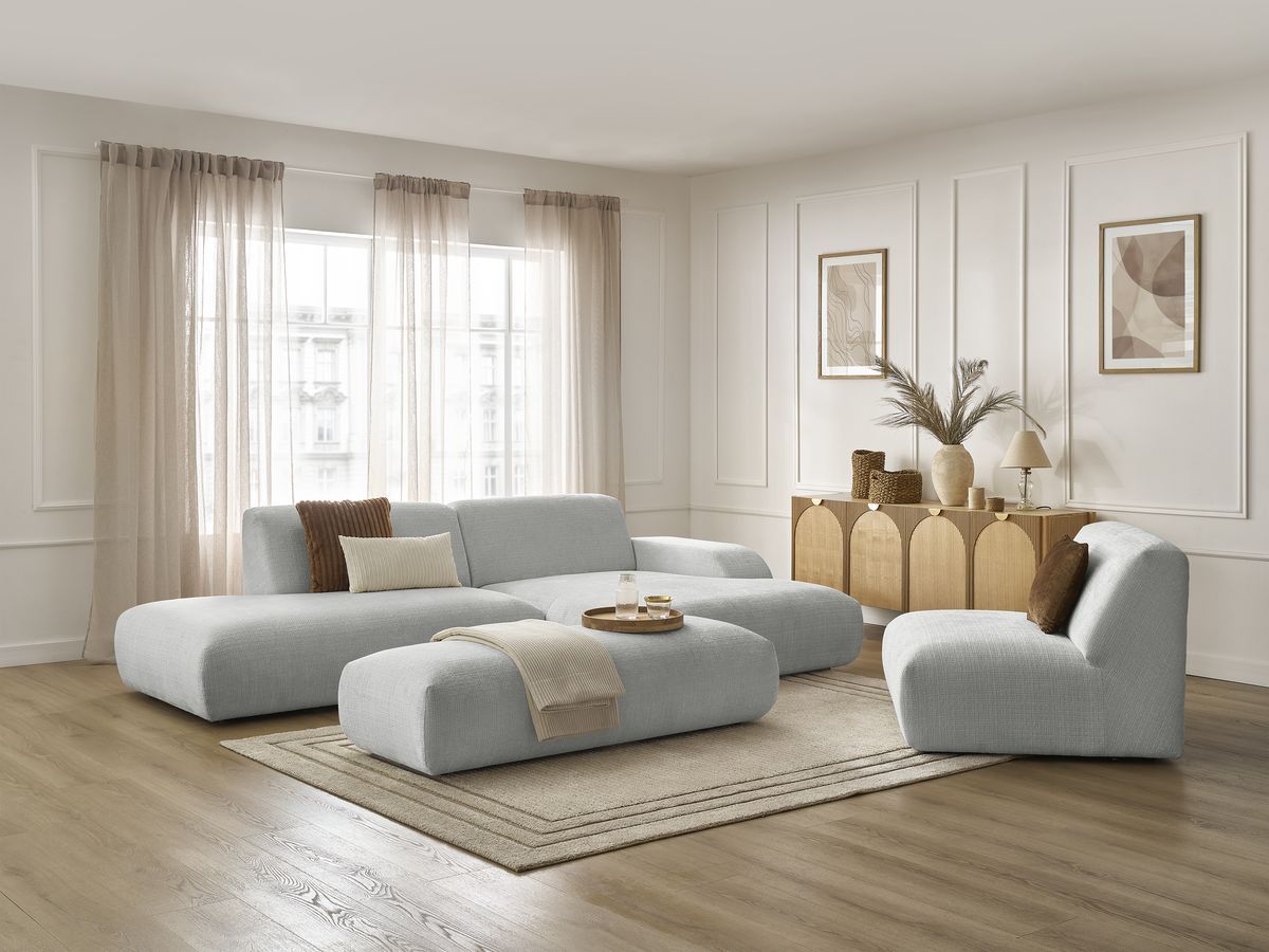 Bobochic Sirius Ecksofa mit Pouf 405 × 170 cm Strukturstoff Hellgrau Ecke rechts