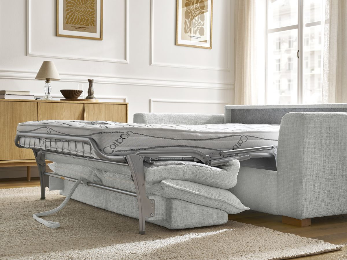 Bobochic Augustin Schlafsofa 3-Sitzer Strukturstoff Hellgrau, Liegefläche 160 × 200 cm