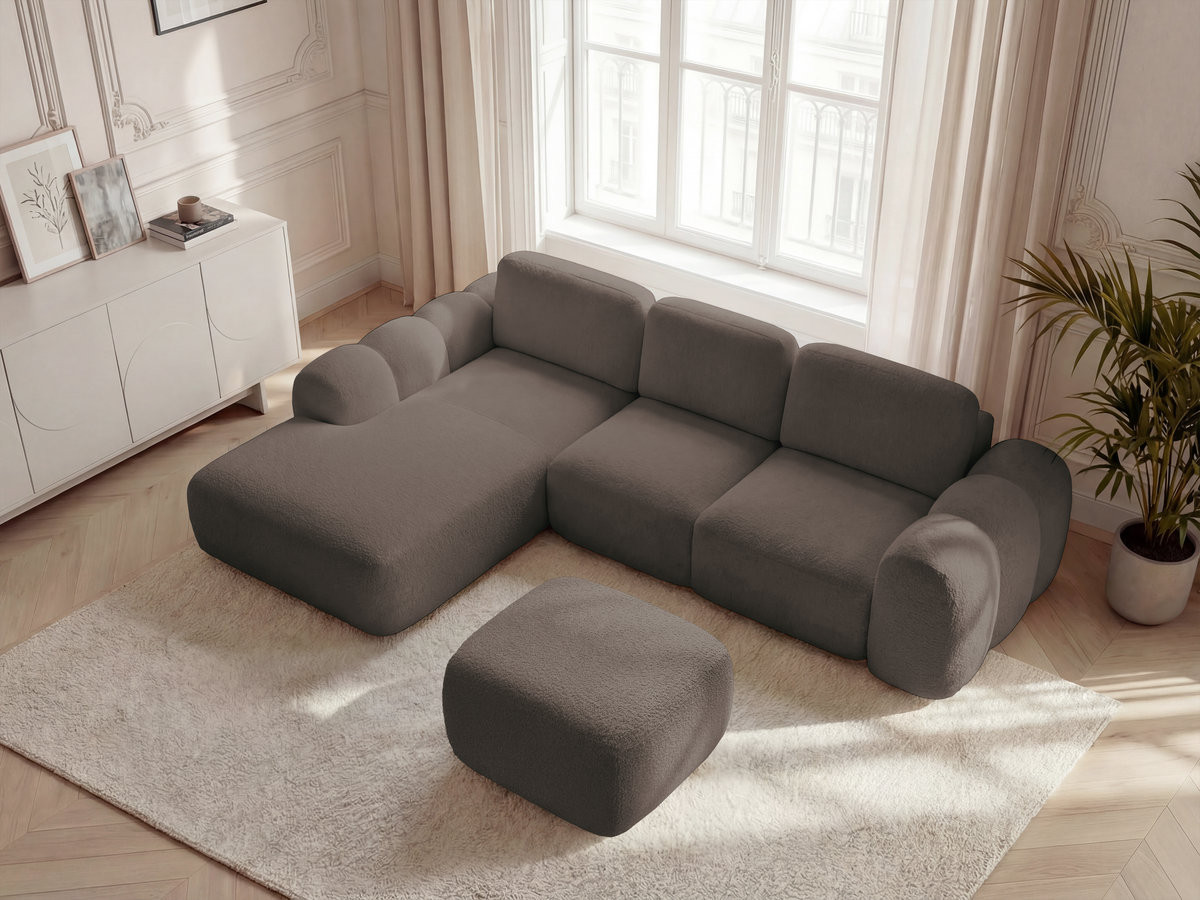 Bobochic Montaigne Ecksofa mit Schlaffunktion und Bettkasten und Pouf 288 × 196 cm Bouclé-Stoff Braun Ecke links