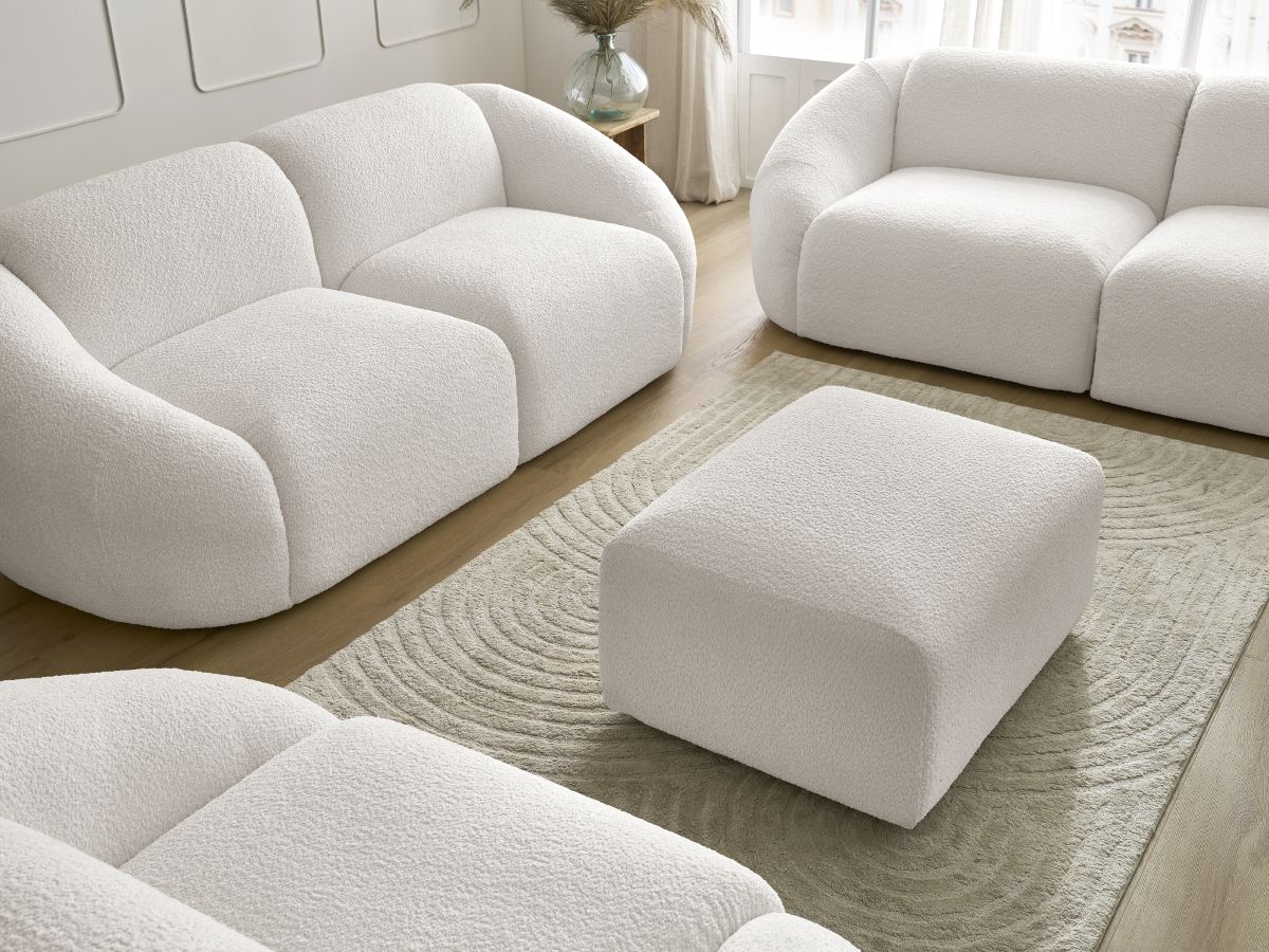 Bobochic Tina Sofa 7-Sitzer mit Pouf Bouclé-Stoff Weiß