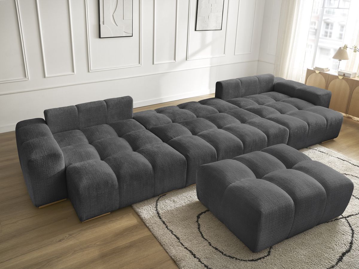 Bobochic Anakin Wohnlandschaft mit Pouf, Liegefläche 137 × 382 cm, 3 Kissen Strukturstoff Schwarz