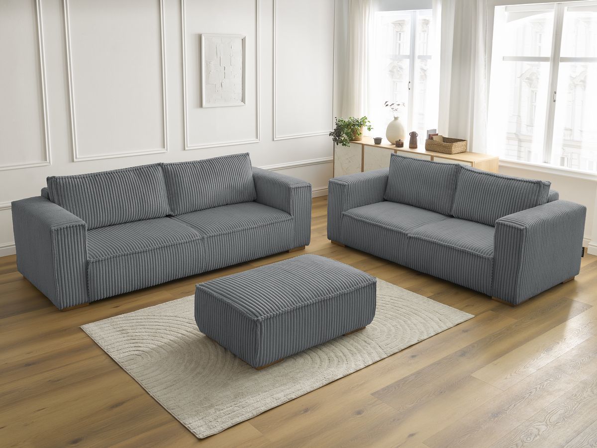 Bobochic Chelsea Sofa 6-Sitzer mit Pouf Breitcord weich Dunkelgrau