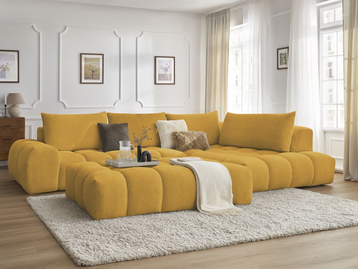 Bobochic Everest Ecksofa mit Schlaffunktion und Pouf, 4 Kissen Melange-Stoff Gelb Ecke rechts