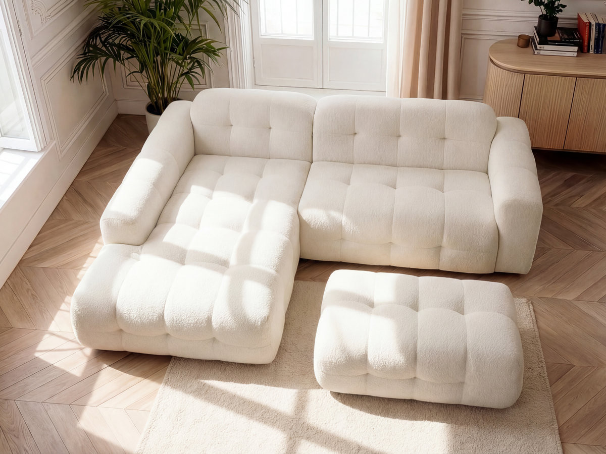 Bobochic Laura Ecksofa mit großem Pouf Melange-Stoff Beige Ecke links