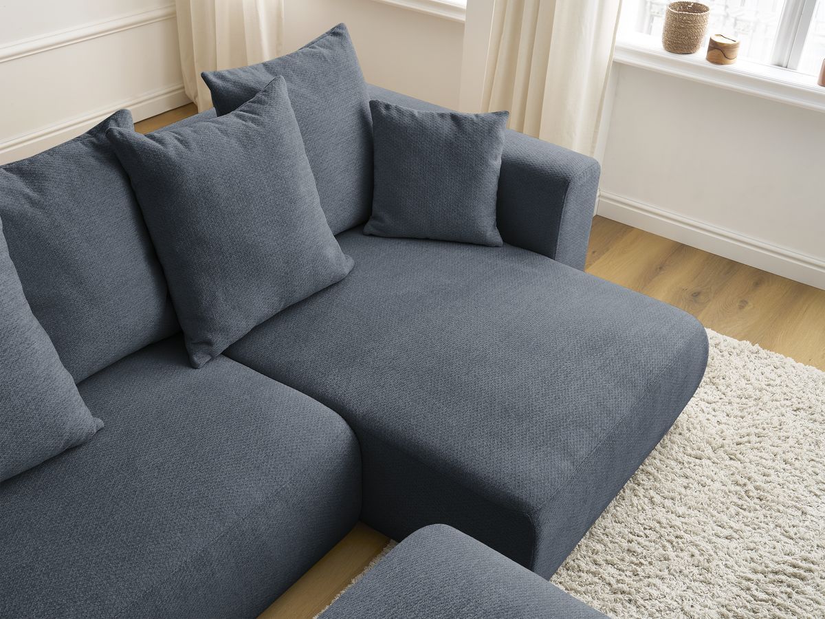 Bobochic Sidonie Ecksofa mit Schlaffunktion und Bettkasten und Pouf Melange-Stoff Dunkelblau