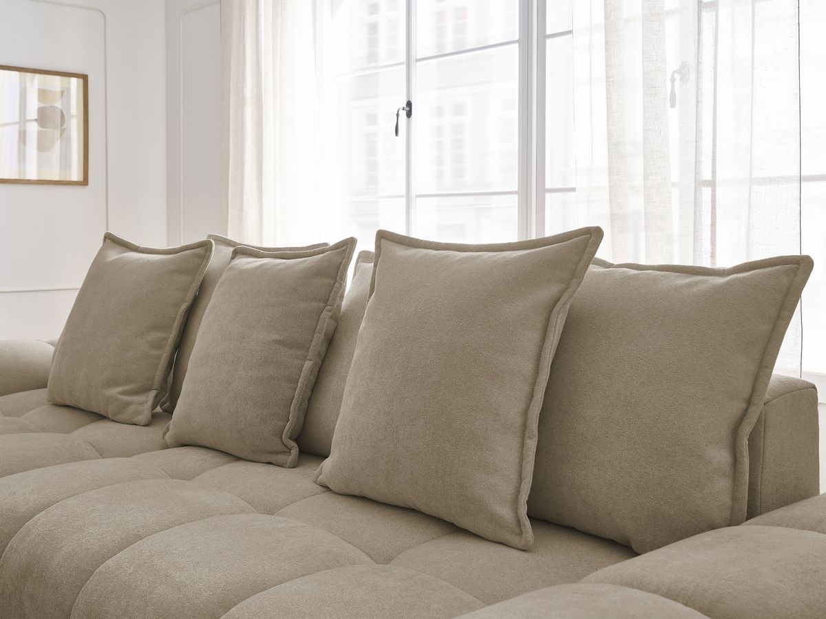 Bobochic Everest Ecksofa mit Schlaffunktion und Bettkasten 318 × 180 cm, 7 Kissen Strukturstoff Taupe Ecke links