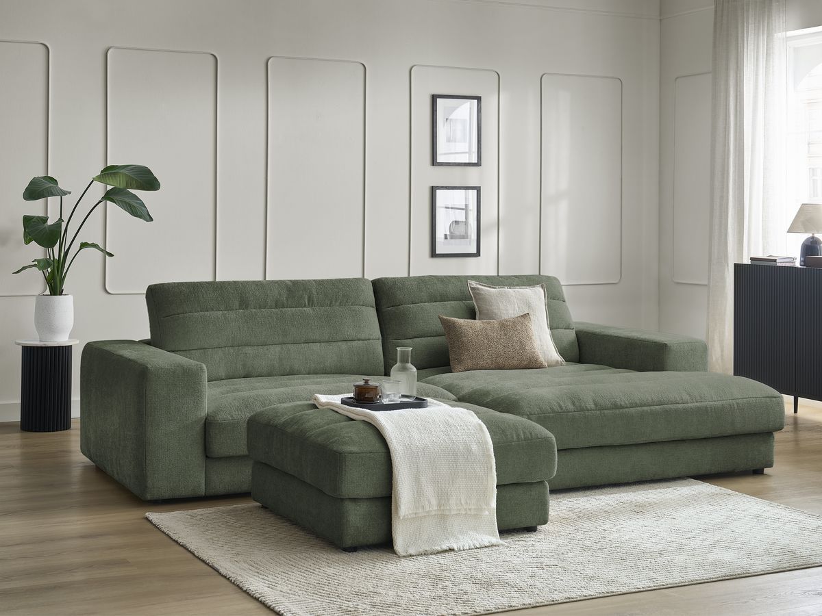 Bobochic Sierra Ecksofa mit Pouf Strukturstoff Dunkelgrün Ecke rechts