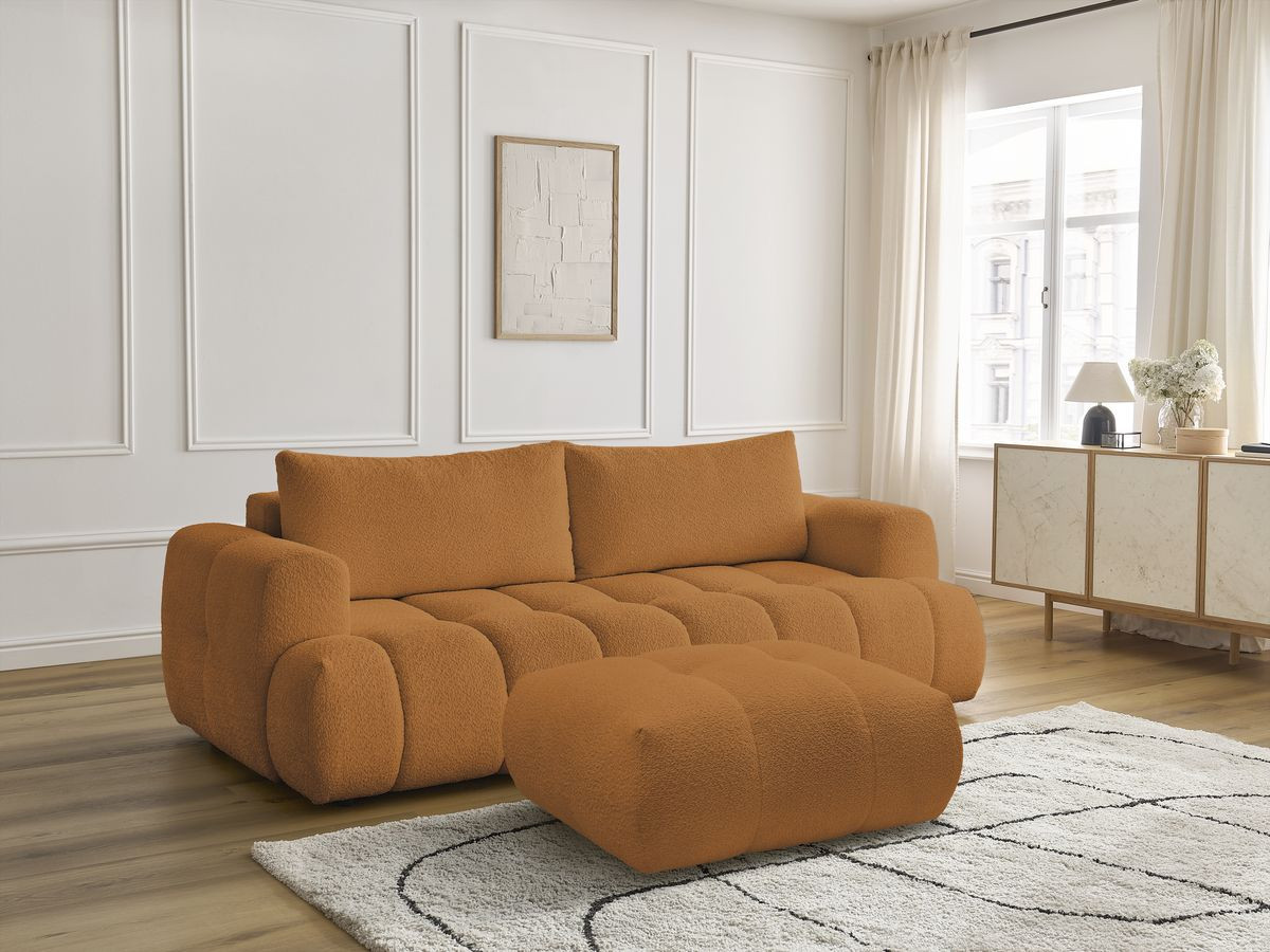 Bobochic Fuji Schlafsofa 3-Sitzer mit Bettkasten und Pouf Bouclé-Stoff Gelb