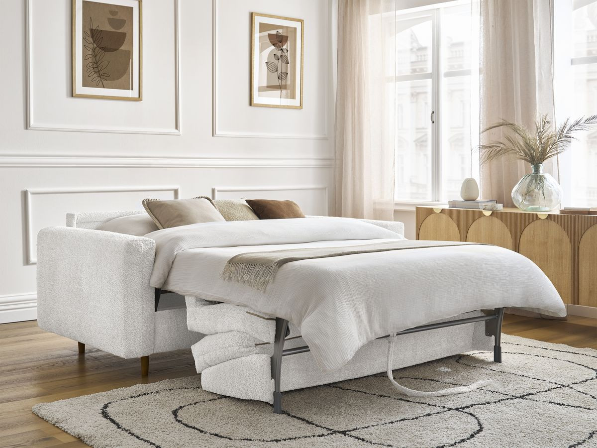 Bobochic Cocoone Schlafsofa 3-Sitzer Bouclé-Stoff Weiß, Liegefläche 140 × 200 cm