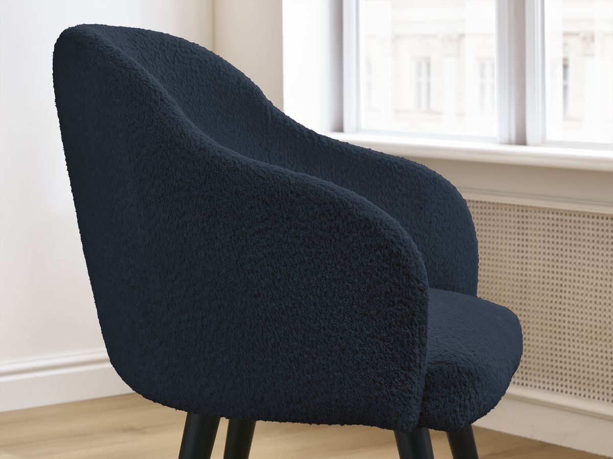 Bobochic Sophie Esszimmerstuhl mit skandinavischen Beinen, schwarz Bouclé-Stoff Dunkelblau