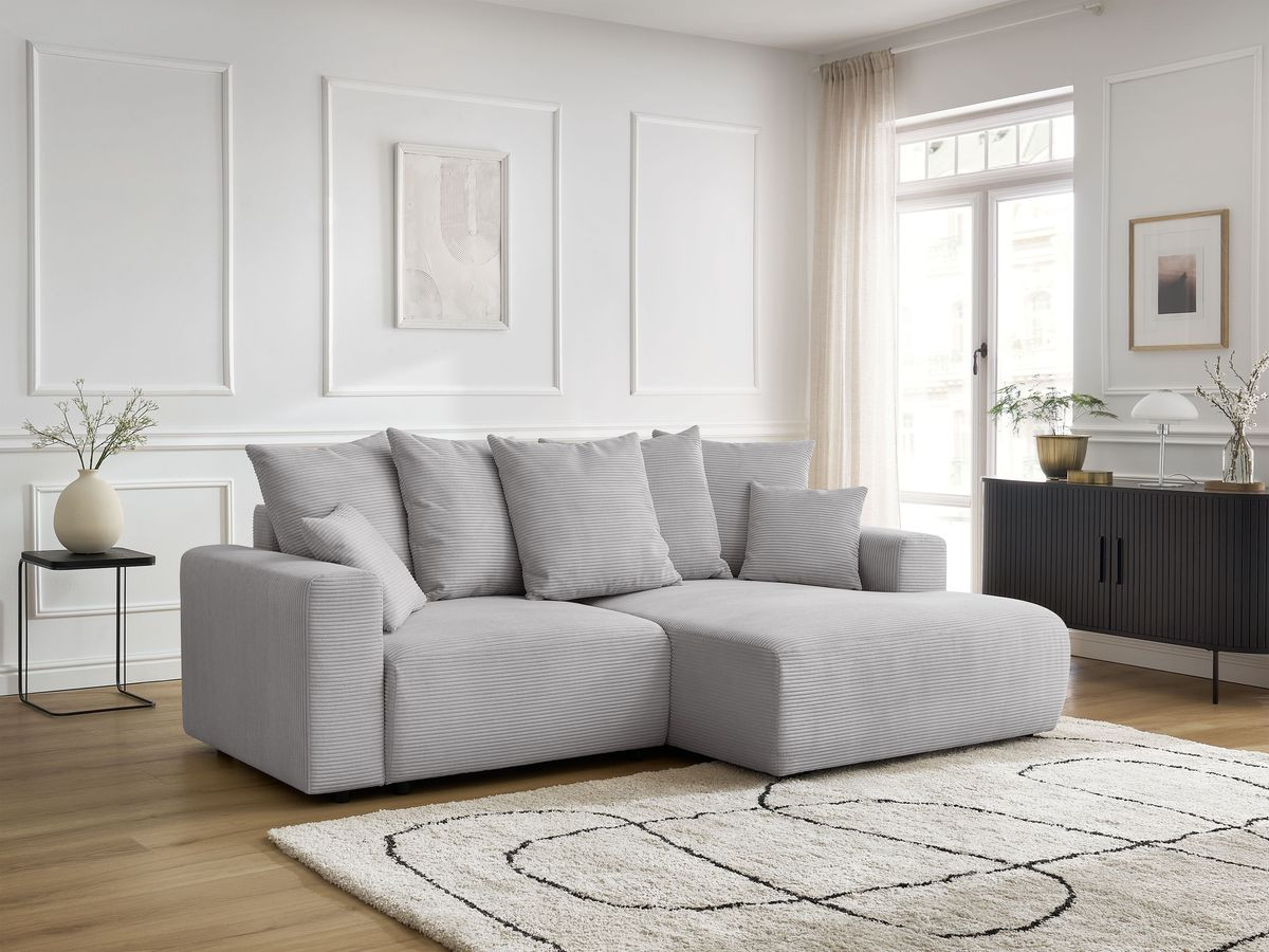 Bobochic Atilla Ecksofa mit Schlaffunktion und Bettkasten Cordsamt Hellgrau Ecke rechts