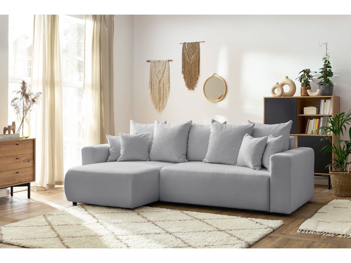 Bobochic Envy Ecksofa mit Schlaffunktion und Bettkasten Bouclé-Stoff Hellgrau