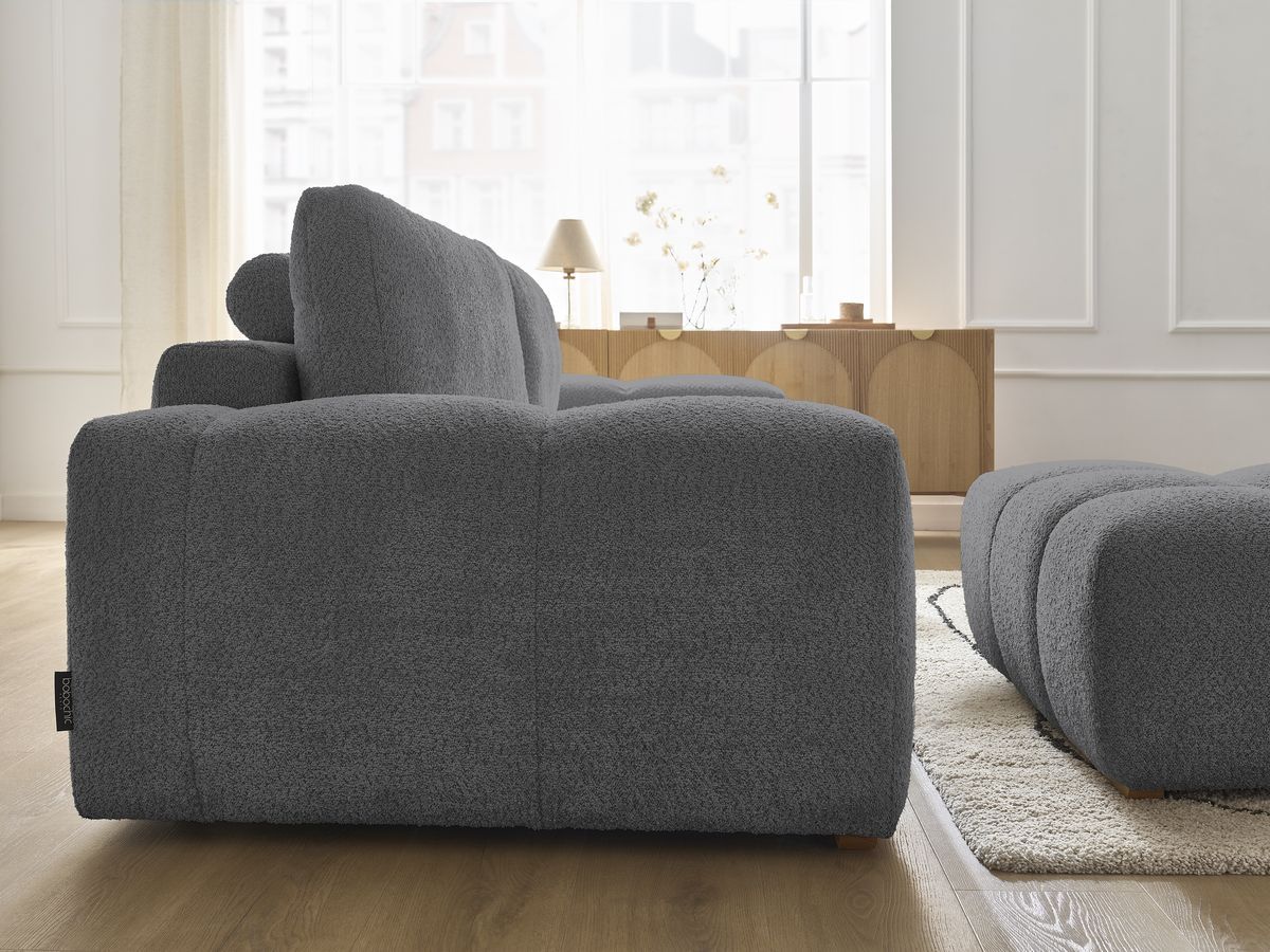 Bobochic Anakin Schlafsofa 3-Sitzer mit Bettkasten und Pouf, 2 Kissen Bouclé-Stoff Dunkelgrau