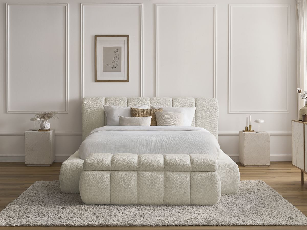 Bobochic Denali Polsterbett mit Bettkasten mit Bettbank Bouclé-Stoff Weiß, Liegefläche 180 × 200 cm