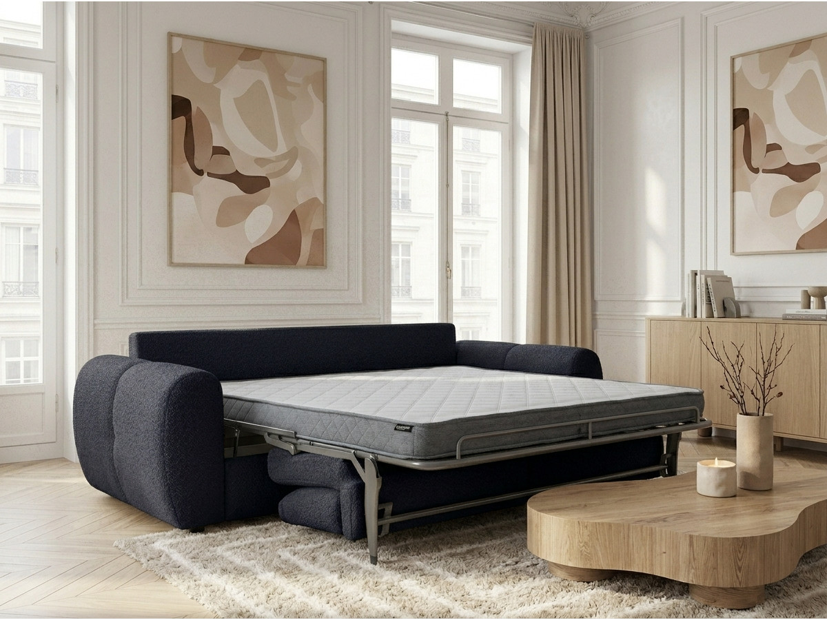 Bobochic Fuji Schlafsofa 3-Sitzer Bouclé-Stoff Dunkelblau